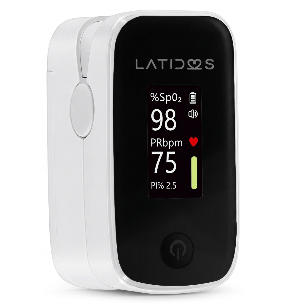 Oxímetro Basic con curva Latidos, ubicado en forma vertical. De color blanco, con la palabra “LATIDOS” en negro en la parte superior y botón de encendido/apagado en la parte inferior. En la parte superior de la pantalla se muestran los indicadores de satu