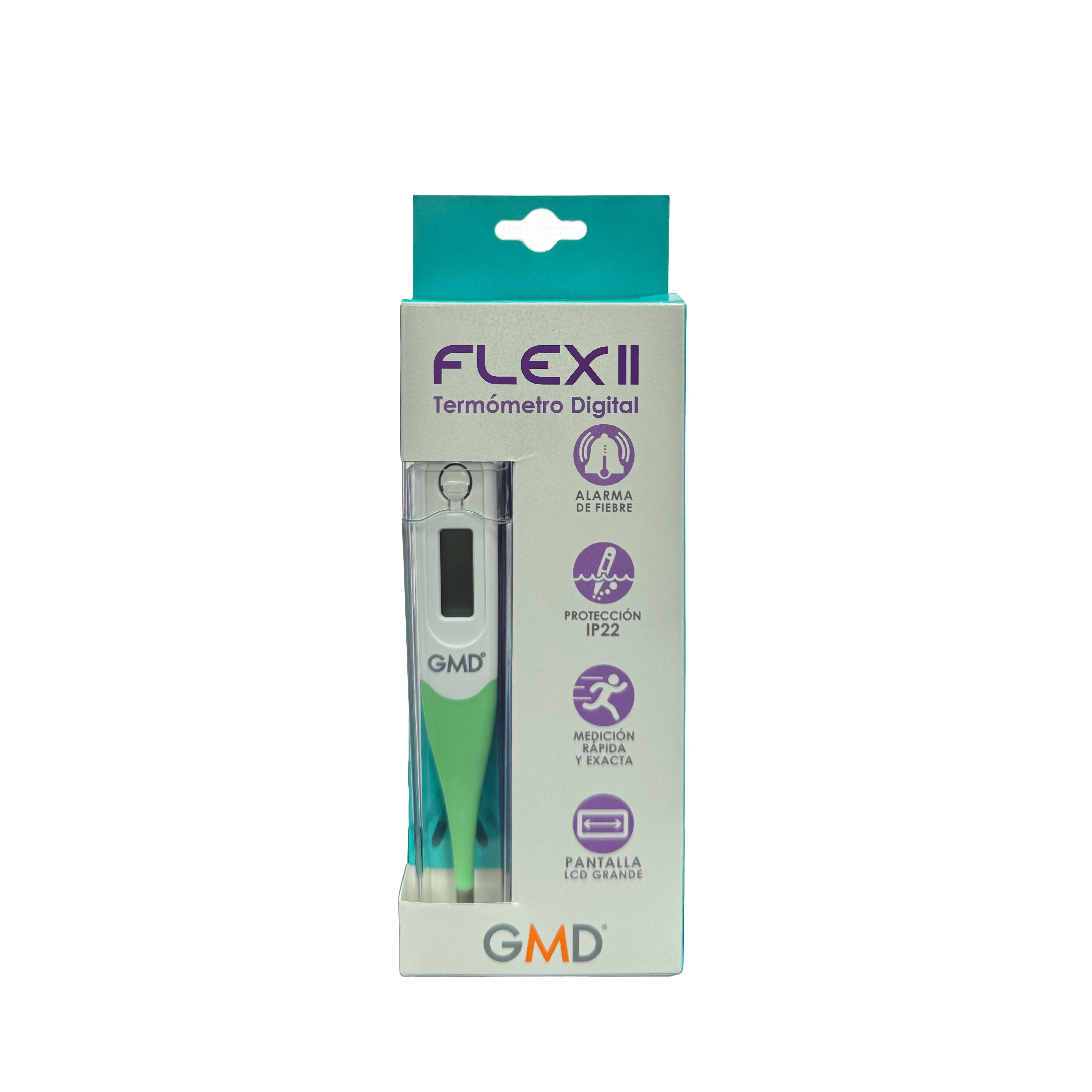 Flex ii termómetro digital, empacado en caja con indicaciones impresas que incluyen alarma de fiebre, protección IP22, medición rápida y precisa, y pantalla LCD de gran tamaño. El dispositivo es de color verde con blanco y se encuentra apagado.. Haga clic para ampliar la imagen