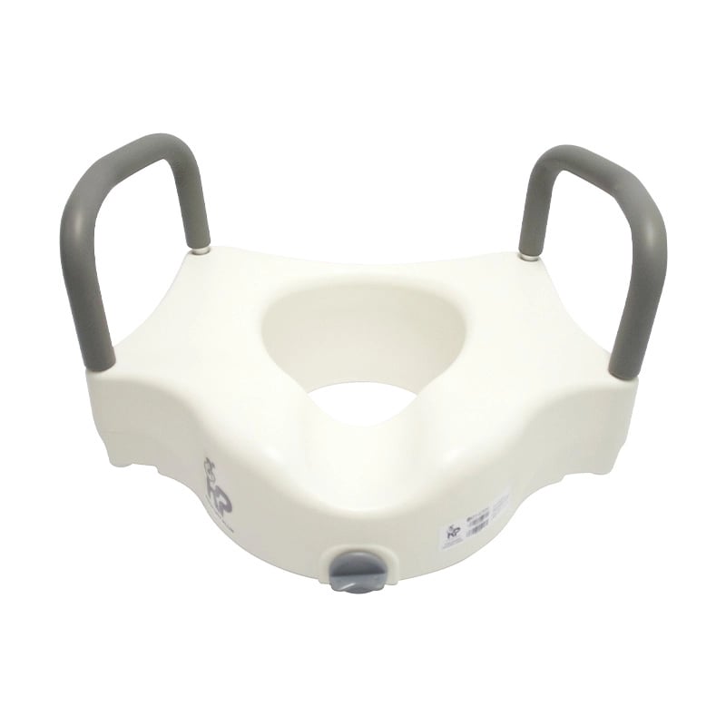 Eleva sanitario con seguro y brazos kp, color blanco, de forma ovalada con bordes redondeados y abertura ovalada central. Apoyabrazos color gris, perilla gris en la parte frontal inferior y al lado izquierdo logo en color gris y al lado derecho etiqueta b. Haga clic para ampliar la imagen
