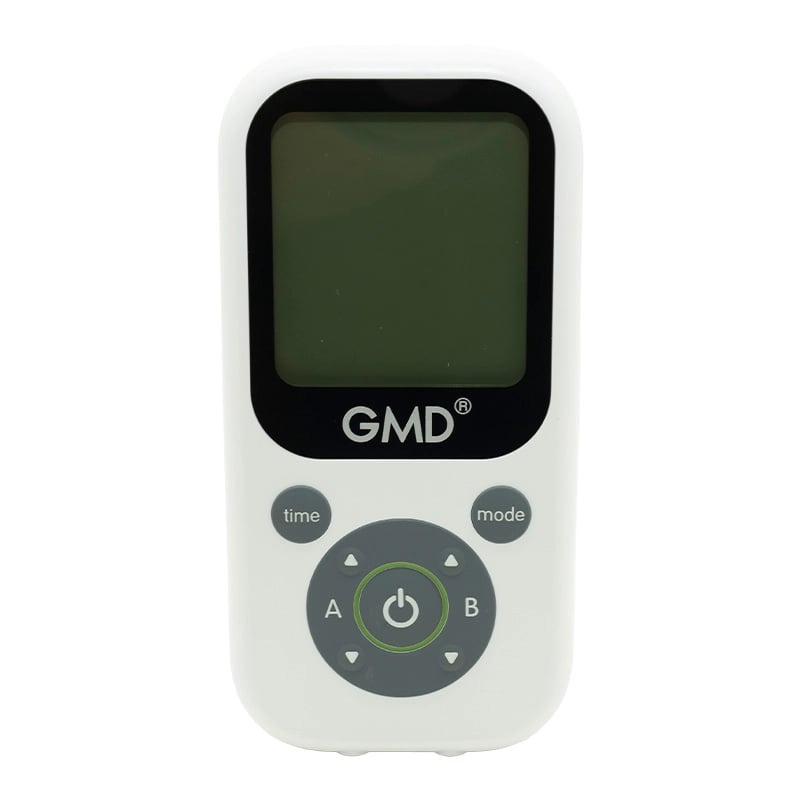Electroestimulador ELEKTRO ONE, de color blanco, con pantalla apagada con borde negro. En la parte inferior con botones de color gris, y el botón de encendido/apagado con un reborde de color verde.. Haga clic para ampliar la imagen