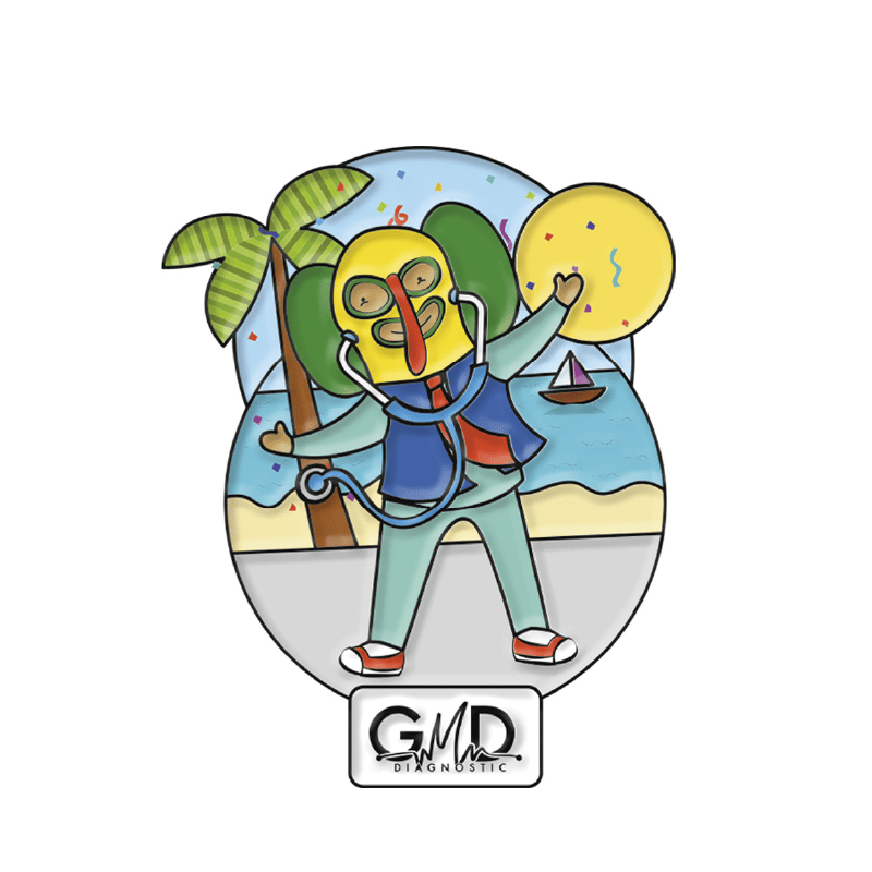 Pin gmd caribe, Personaje médico caricaturesco con estetoscopio, brazos arriba, en una playa con palmera, mar y sol, en colores claros (verde, azul, amarillo); en la parte inferior, logo “GMD Diagnostic”.. Haga clic para ampliar la imagen