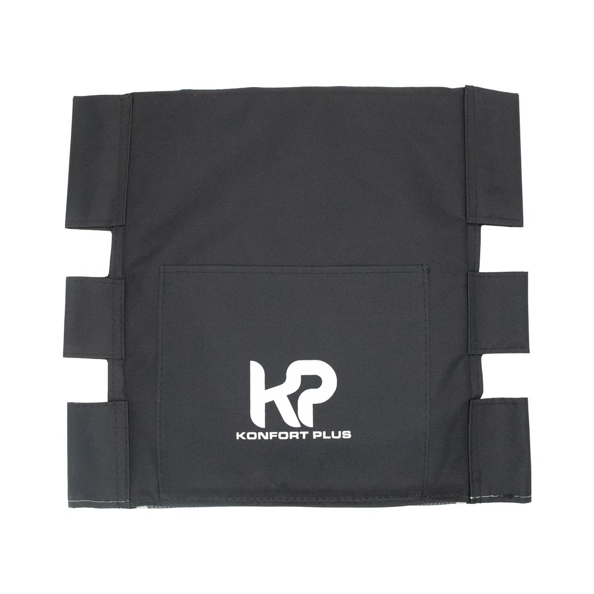 Respaldo para KBE1432RF-MP23L, vista posterior, en tela color negro con bolsillo en la parte inferior en el centro y logo impreso en blanco con tres orificios a cada lado para introducir la estructura metálica.. Haga clic para ampliar la imagen