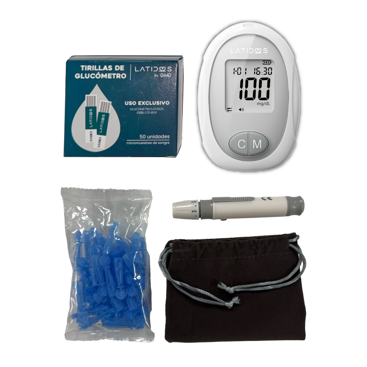Kit de Glucometría Basic Latidos. En la parte superior izquierda, caja de tirillas de glucómetro Latidos by GMD uso exclusivo código LTD-B10, 50 unidades para micromuestreo de sangre. Parte superior derecha glucómetro ovalado color blanco y gris con panta. Haga clic para ampliar la imagen