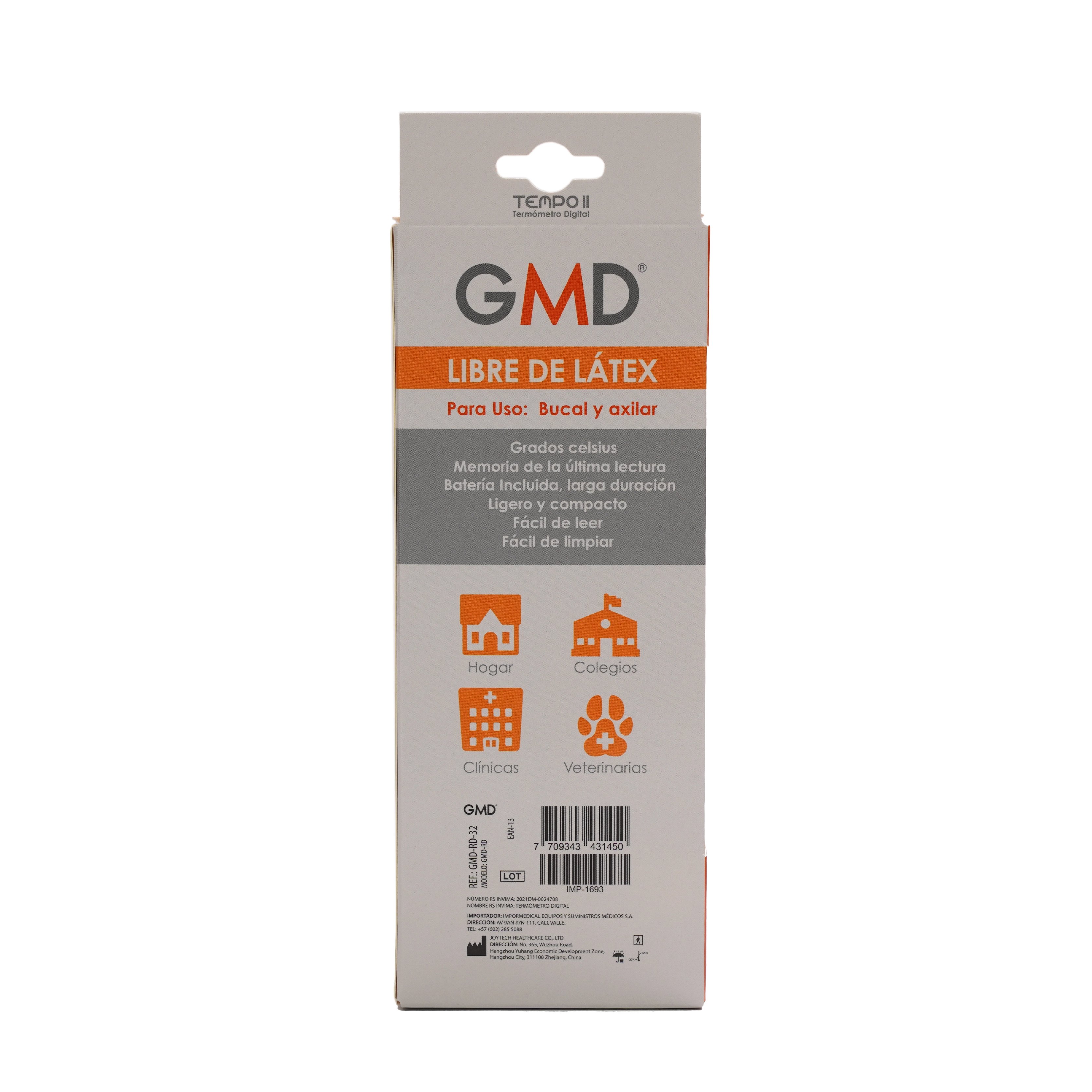 Tempo ii termómetro digital, en caja de color blanco con naranja. En la parte posterior aparece la marca “GMD”, además de la indicación “libre de látex”. Características: uso axilar y bucal, medición en grados Celsius, memoria de última lectura, batería i. Haga clic para ampliar la imagen