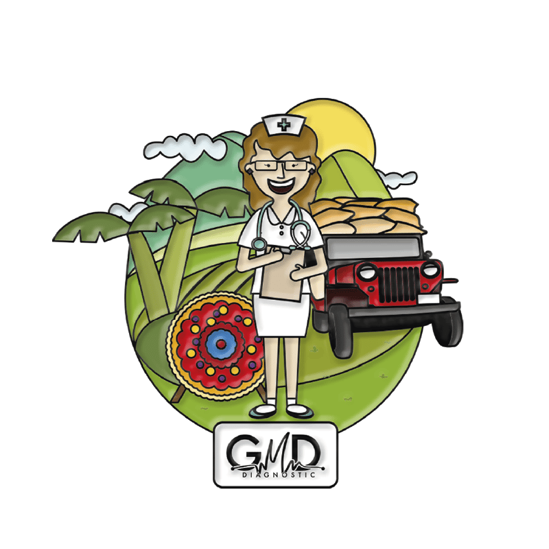 Pin gmd eje cafetero, Personaje de enfermera caricaturesca con bata y estetoscopio, sosteniendo un portapapeles, en zona rural con montañas al fondo, palmeras, una silleta y vehículo con café encima, césped, sol y nubes, en colores oscuros (verde, amarill. Haga clic para ampliar la imagen