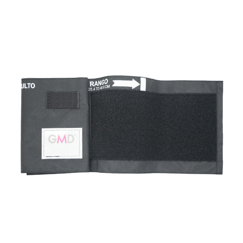 Brazalete kit colors talla m color negro, abierto. En la parte superior derecha se indica el rango de uso de 25.4 a 40.6 cm, con una flecha blanca que señala la dirección de ajuste. En la parte inferior derecha presenta velcro negro para fijación al brazo. Haga clic para ampliar la imagen