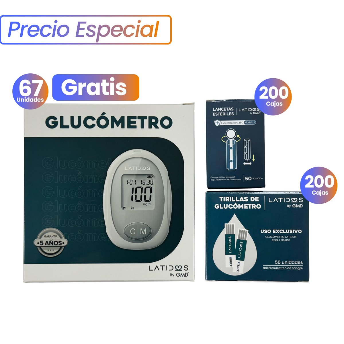 Combo 200 Cajas de Tirillas + 200 Cajas de Lancetas + 67 Glucómetros en obsequio. A la izquierda caja del glucómetro color blanco y verde oscuro con imagen del dispositivo, garantía de 5 años y 67 unidades gratis. A la derecha dos cajas color verde oscuro