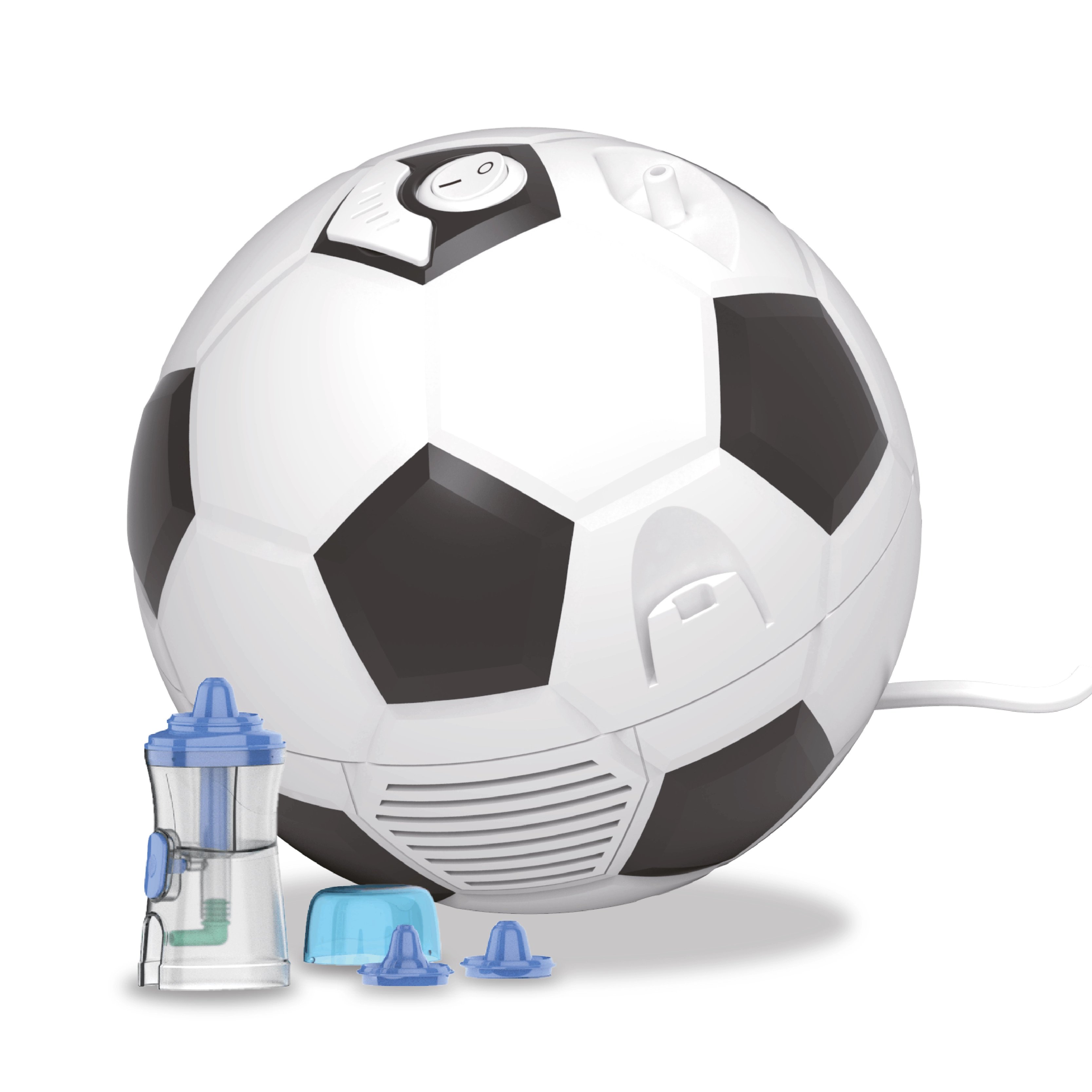 Compresor Nebulizador Nube 1000 figura de balón de fútbol, en colores blanco y negro, con cuerpo esférico y figuras hexagonales y pentagonales. En la parte superior botón circular de encendido/apagado blanco con borde negro y conector blanco. En la parte 