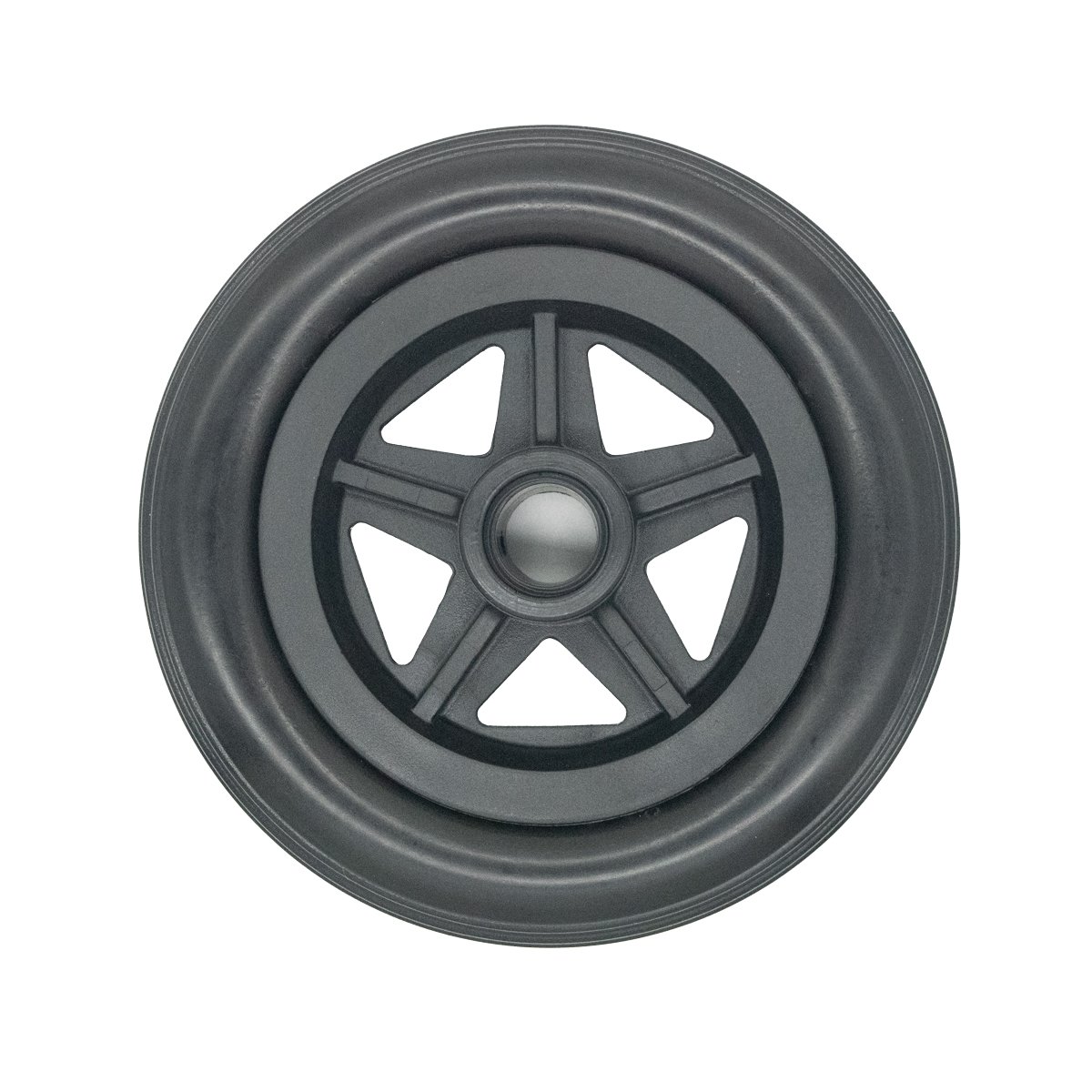 Llanta delantera para KBE1432RF-MP23L, vista frontal, circular de color negro metálico con cinco radios.