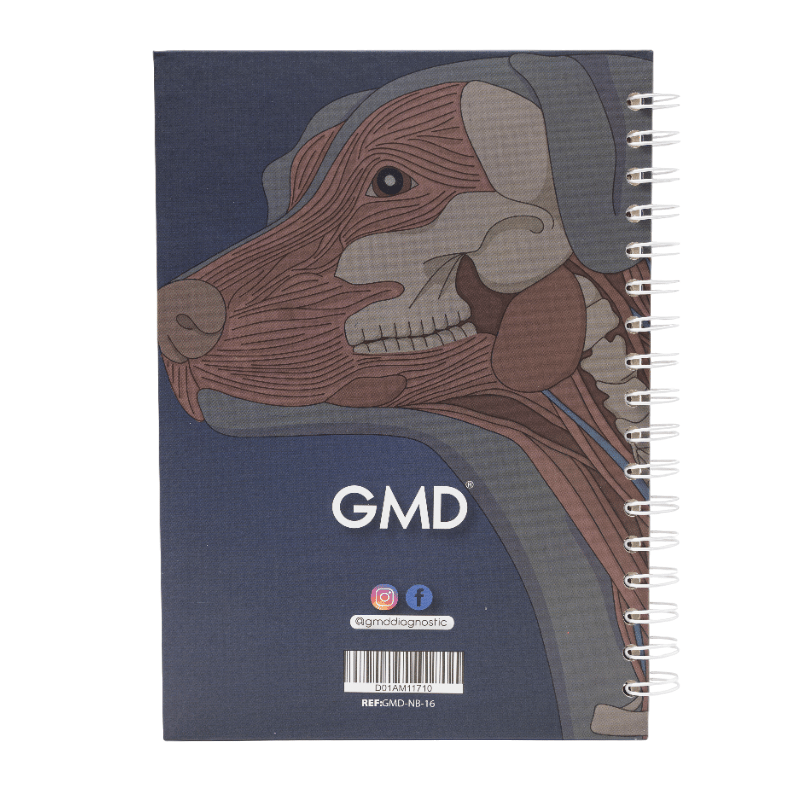 Cuaderno argollado gmd perro anatomía, vista posterior, con pasta dura en tono azul oscuro y fondo del sistema muscular de la cara de un perro; incluye redes sociales, código de barras y argollas blancas al lado derecho.. Haga clic para ampliar la imagen