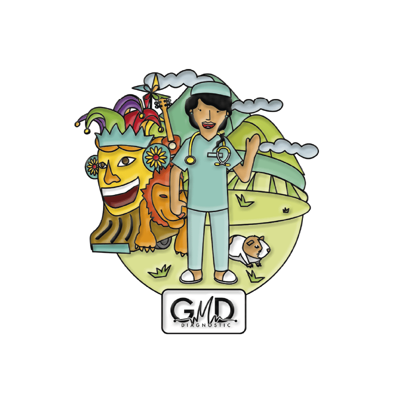 Pin gmd nariño, Personaje médico caricaturesco con uniforme y estetoscopio, rodeado de máscara de carnaval, león, instrumento musical y paisaje montañoso con nubes y un pequeño animal, en colores vivos (verde, amarillo, rojo y naranja); en la parte inferi. Haga clic para ampliar la imagen