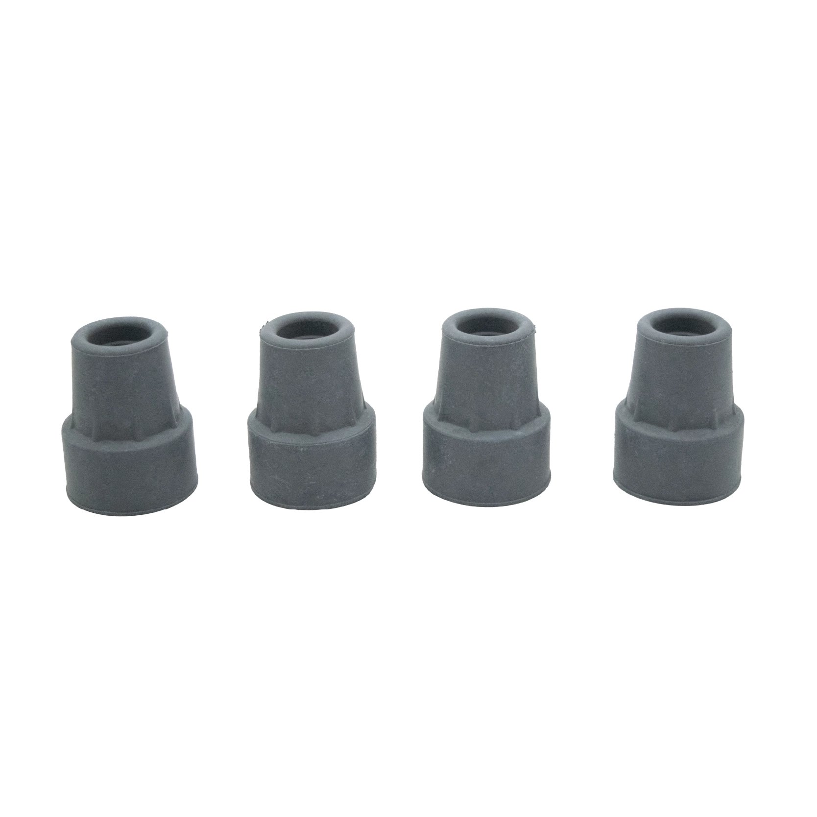 Recatón color gris para bastón de 1 apoyo dc,  set de 4 recatón de forma circular más ancha en la parte inferior y angosta en la parte superior. Con apertura circular en la parte superior y relieve central de pequeñas líneas verticales alrededor.. Haga clic para ampliar la imagen