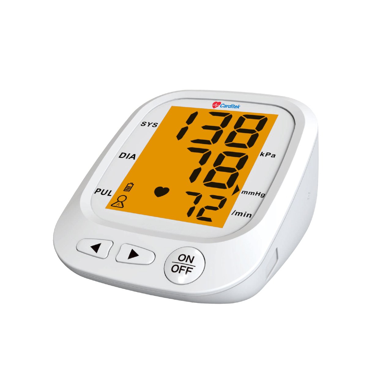 Tensiómetro digital Carditek Power blanco con pantalla amarilla y números grandes.