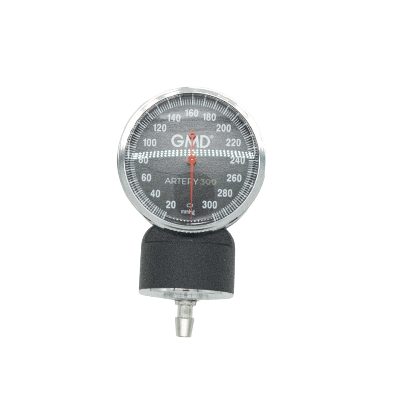 Manometro para tensiometro premium, de forma circular con fondo negro y reborde plateado. Con medida en mmHg y va de 20 a 300, con los números en blanco. En el centro el logo GMD en blanco y 'ARTERY 300. La aguja roja apunta a mmHg. El bisel es plateado y. Haga clic para ampliar la imagen
