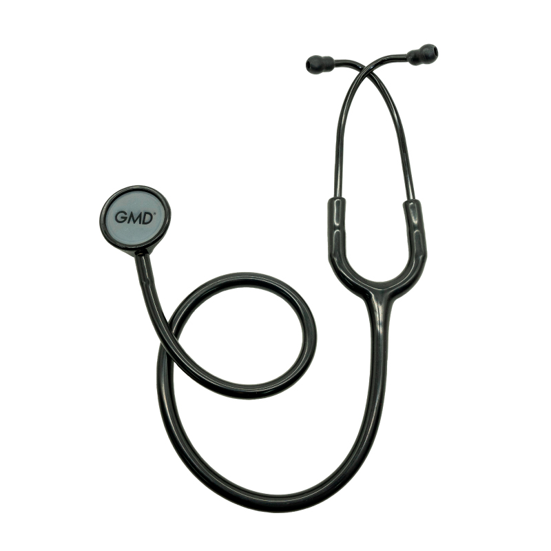 Fonendoscopio OIS VET, de color negro, tubo auricular en forma de Y drorado con manguera flexible negra, membrana gris con logo GMD impreso y reborde negro. Con olivas negras.. Haga clic para ampliar la imagen