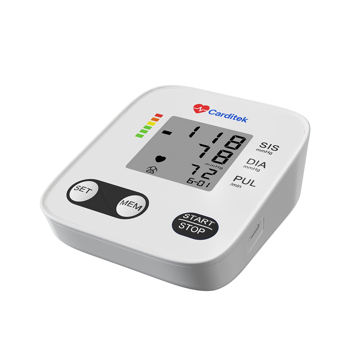 Tensiómetro digital Carditek Vital blanco con diseño sencillo y pantalla blanco y negro.. Haga clic para ampliar la imagen