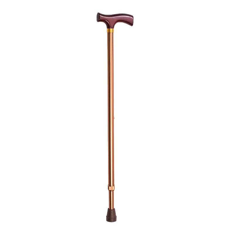 Baston con empuñadura en t ergonomico color bronce, estructura metálica. En la parte superior empuñadura y debjo reborde dorado circular y en la parte inferior base con goma antideslizante.. Haga clic para ampliar la imagen