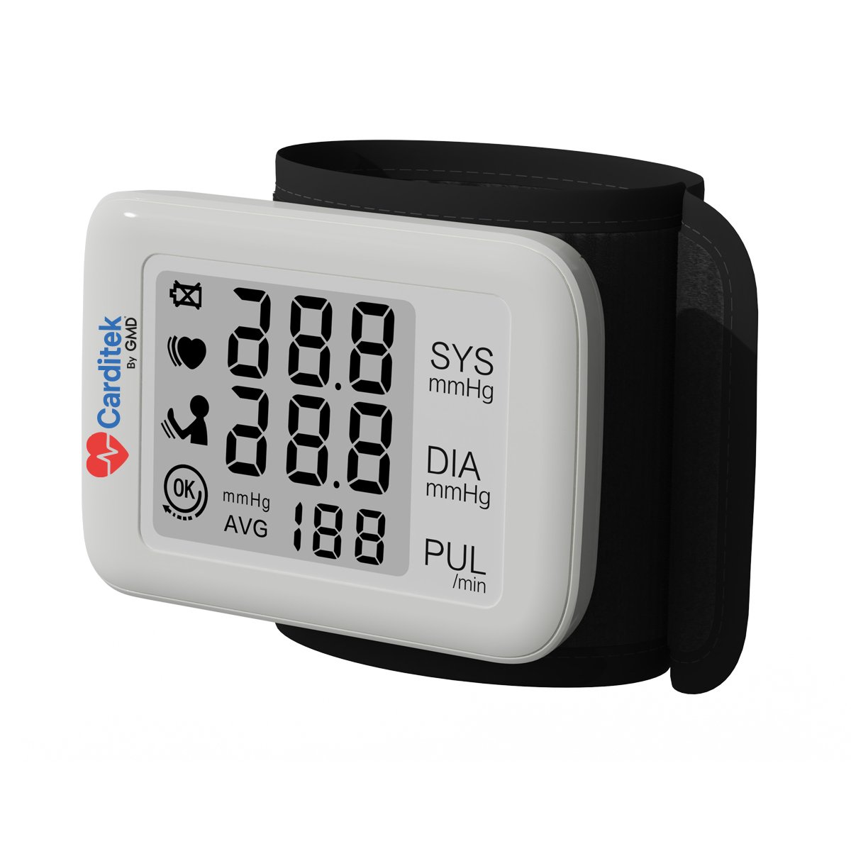 Tensiómetro digital Carditek Pulse con diseño simplificado y un brazalete ajustable.
