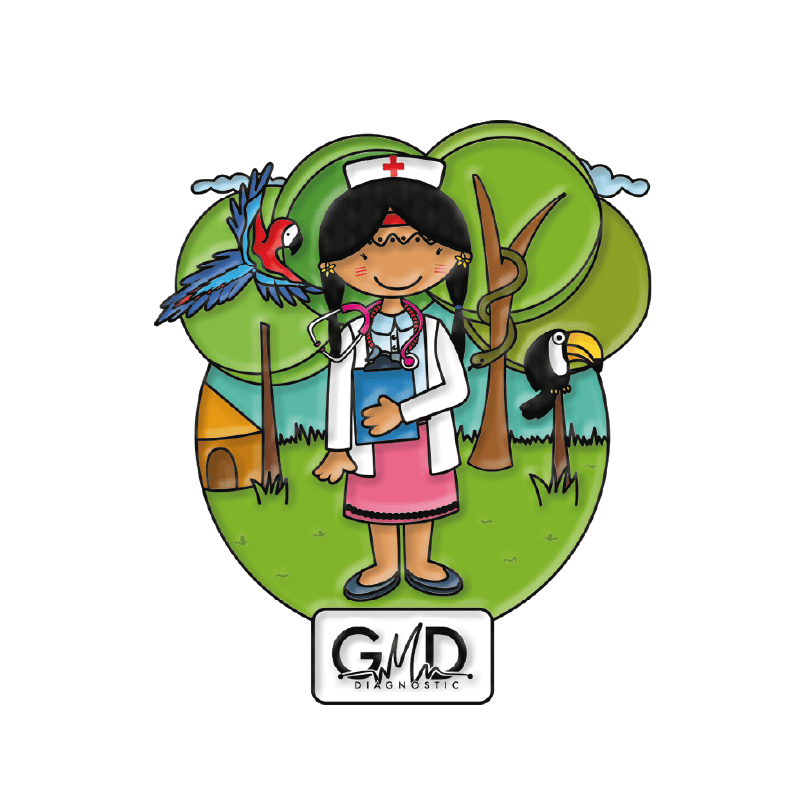 Pin gmd amazonia, Personaje de enfermera caricaturesca con bata y estetoscopio, sosteniendo un portapapeles, en una zona rural con choza al fondo, árboles, césped, aves y serpiente, en colores oscuros (verde, amarillo, blanco, café y azul); en la parte in. Haga clic para ampliar la imagen