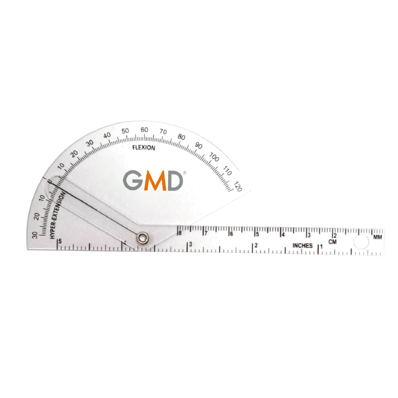 Goniometro gmd para dedos, de plástico transparente, con cuerpo semicircular donde el 0° está ligeramente inclinado, en la parte superior de 0° a 120° en intervalos de 10 en 10 para la flexión y en la inferior de 0° a 30° para la hiperextensión, con logo . Haga clic para ampliar la imagen