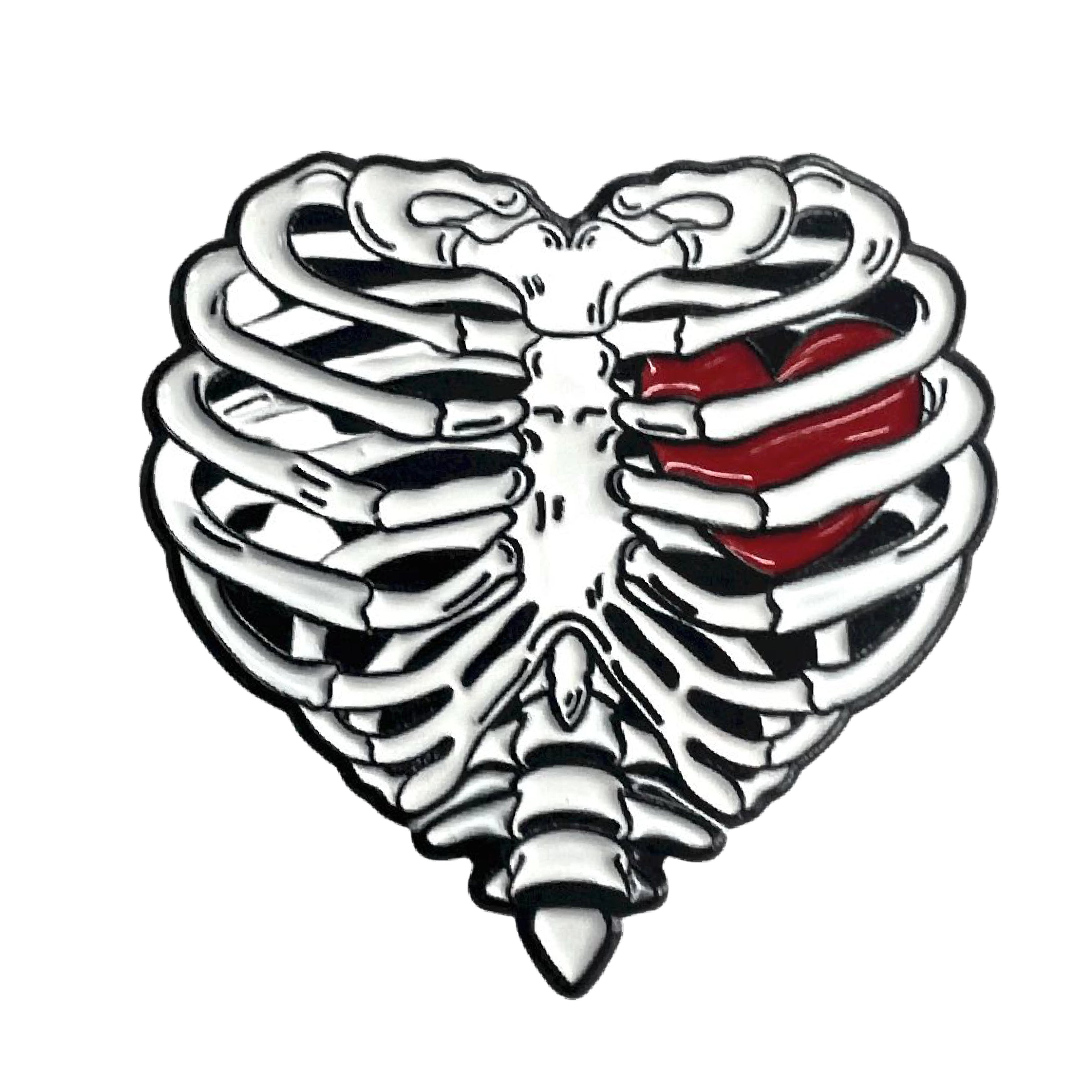 Pin Corazón en costillas GMD, de color blanco con borde negro, con un corazón rojo en la parte posterior.. Haga clic para ampliar la imagen