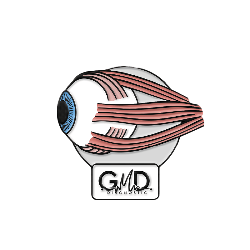 Pin gmd ojo, en colores (blanco, azul y negro), sobre fondo blanco azulado; en una base circular; en la parte inferior, logo “GMD Diagnostic”.. Haga clic para ampliar la imagen