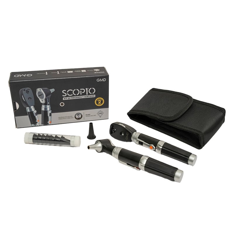 Kit de órganos y sentidos con fibra óptica gmd 2 bases 2 cabezales, caja con fondo oscuro y el nombre “Scopio Kit de Órganos de los Sentidos” en color blanco, sello amarillo de garantía por 2 años y la imagen del producto. Frente a la caja se encuentran u. Haga clic para ampliar la imagen