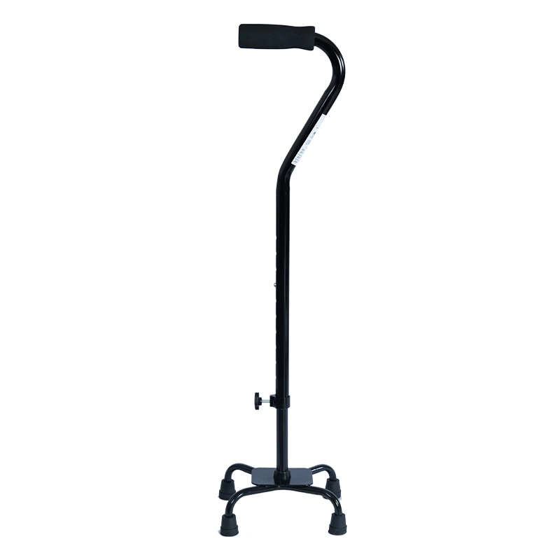 Baston 4 apoyos base pequeña color negro, tipo cuello de cisne. En el extremo superior empuñadura negra y debajo etiqueta blanca con información impresa en negro. En la parte central mecanismo ajustable de altura con orificios y pin plateado; en la parte . Haga clic para ampliar la imagen