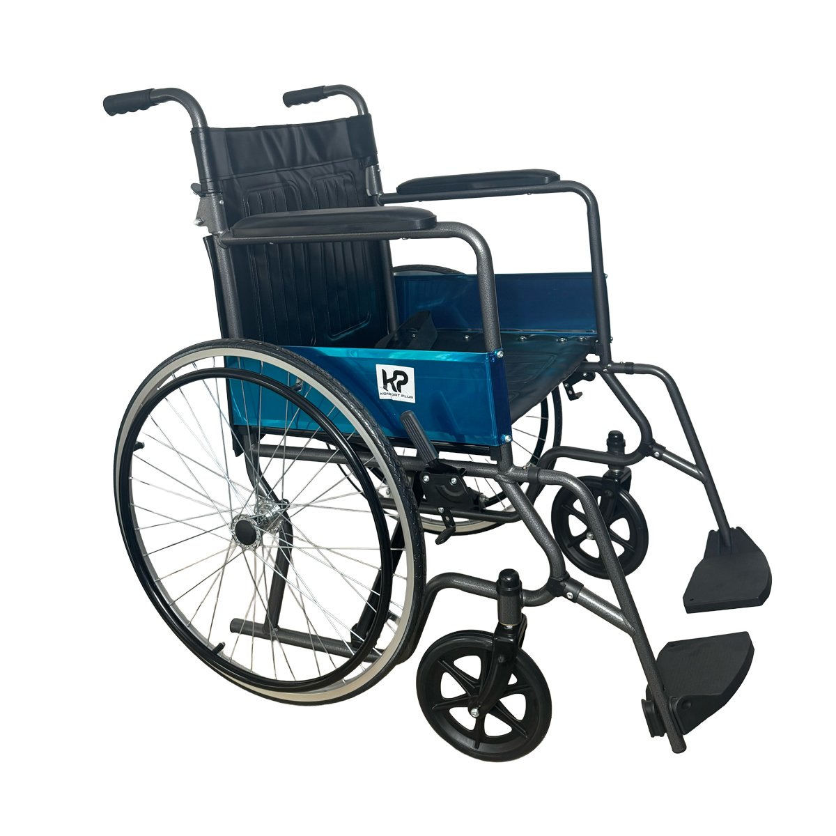 Silla de ruedas estandar llanta maciza desarmable rin radio negro grafito, estructura metálica negra, respaldo y asiento en tela negra con correa de sujeción negra, apoyabrazos acolchados negros, debajo estructura metalica azul de soporte con logo negro s