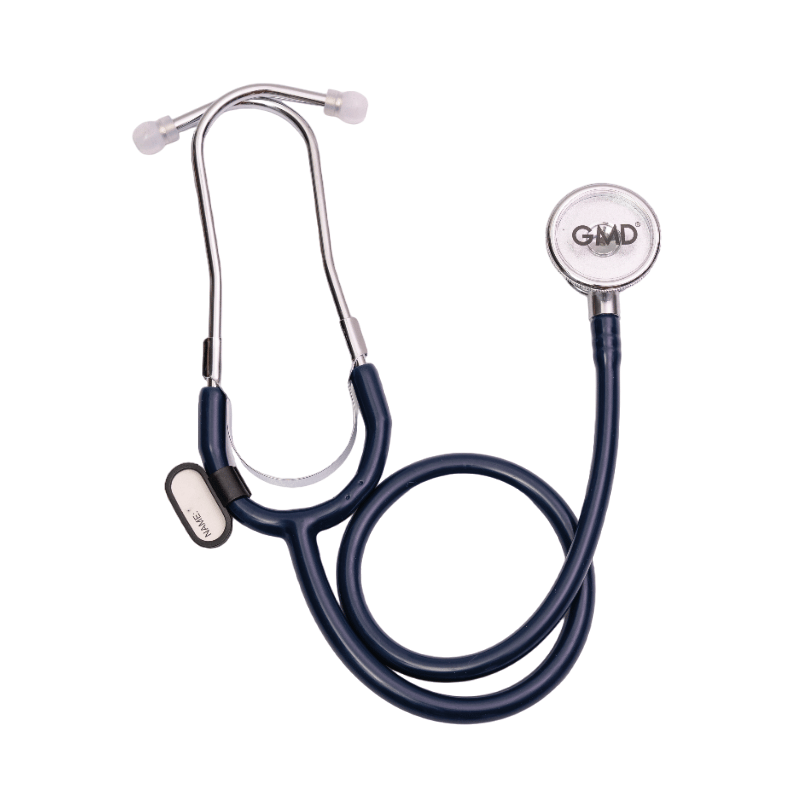 Fonendoscopio OIS 100S, tubo auricular metálico plateado en forma de Y con olivas blancas en los extremos. Sobre el tubo una pieza metálica que sujeta un reborde en forma de U de color blanco, la manguera color azul profundo enrollada en la parte inferior. Haga clic para ampliar la imagen