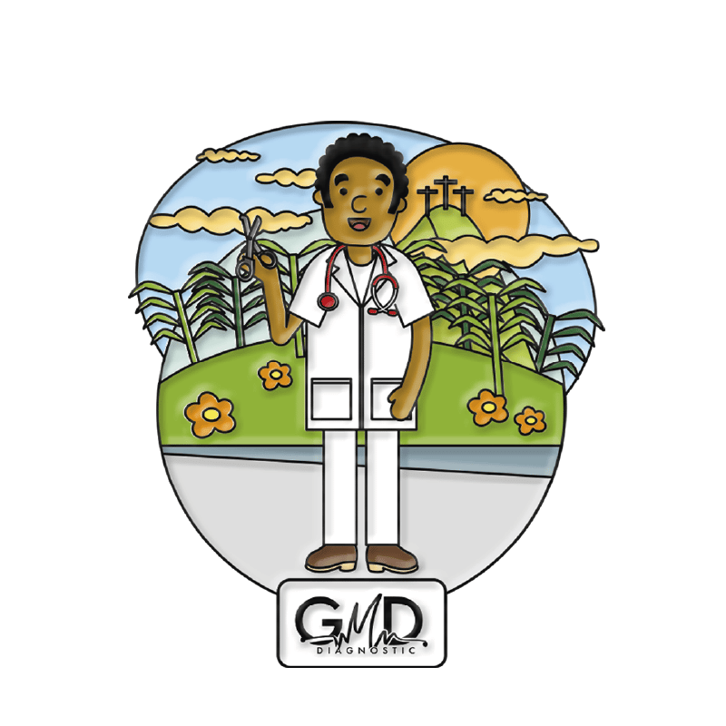 Pin gmd valle del cauca, Personaje médico caricaturesco con uniforme y estetoscopio, sosteniendo unas tijeras médicas, en zona rural; al fondo, una montaña con cruces en la cima, flores, palmeras, nubes y sol, en colores cálidos (verde, amarillo, naranja . Haga clic para ampliar la imagen