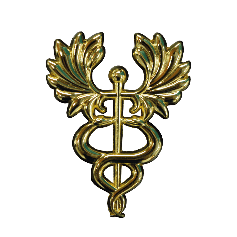 Pin gmd logo dorado, con alas extendidas en la parte superior y un bastón central rodeado por dos serpientes entrelazadas; base lisa y brillante.. Haga clic para ampliar la imagen