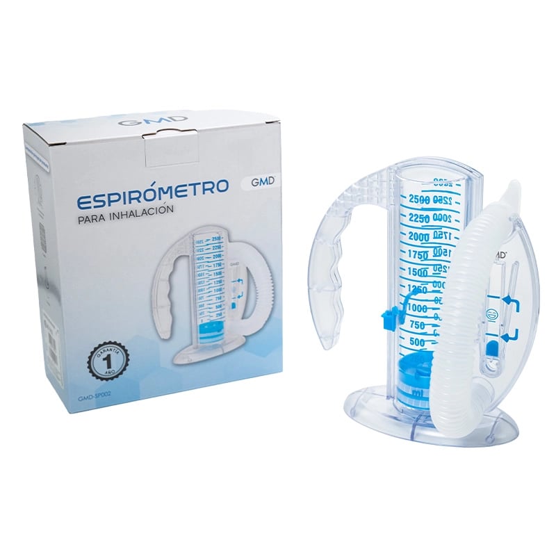 Espirómetro para inhalación, en el lado izquierdo la caja del producto, de color blanco con detalles en azul. En la parte superior el nombre “Espirómetro para inhalación”, y en la parte inferior una imagen del dispositivo y un sello que indica garantía de. Haga clic para ampliar la imagen
