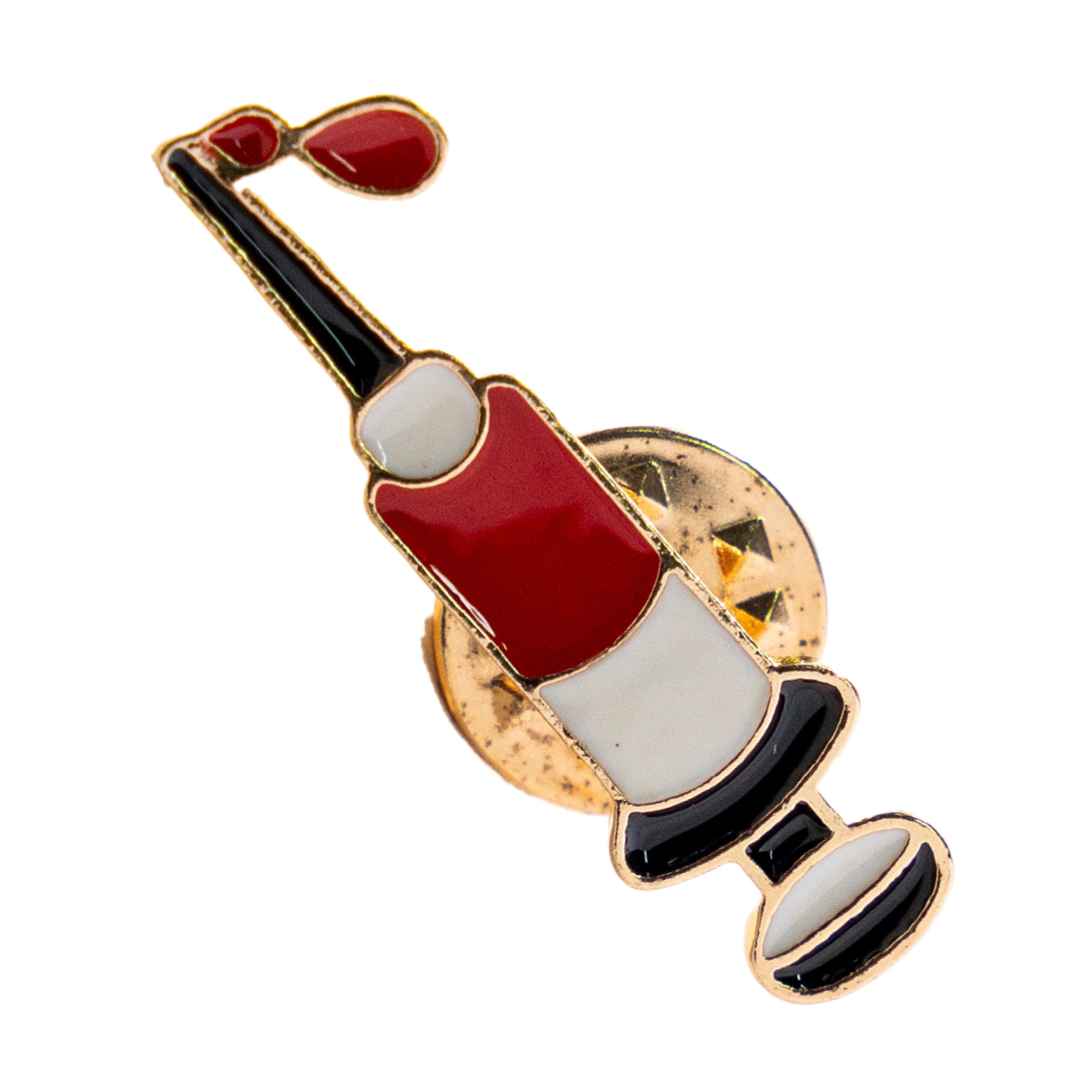 Pin Aguja blanca y rojo GMD, en la parte superior, dos gotas de sangre; cuerpo alargado en rojo y blanco; en la parte inferior, émbolo en blanco y negro; sobre base circular de color dorado.. Haga clic para ampliar la imagen