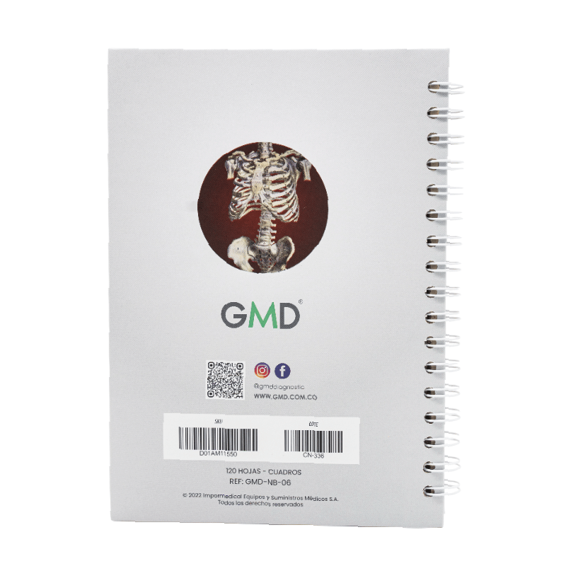 Cuaderno Argollado Gmd Diseño Sistema Óseo Del Torso, en vista posterior, pasta dura de color blanco, 120 hojas cuadriculadas y argollas de color blanco ubicadas al lado derecho. Con imagen del esqueleto humano, código de barras, código QR y redes sociale. Haga clic para ampliar la imagen