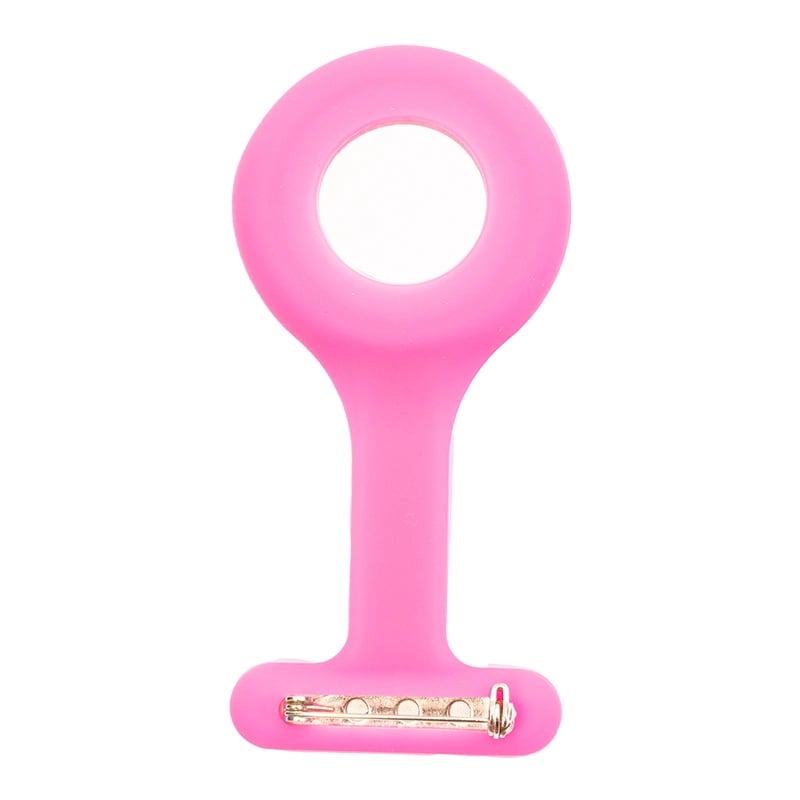Reloj gmd color rosado neón, vista posterior, con carcasa de silicona en forma de “T”. En la parte superior con un espacio circular en blanco y en la parte inferior un broche para sujetarlo.. Haga clic para ampliar la imagen