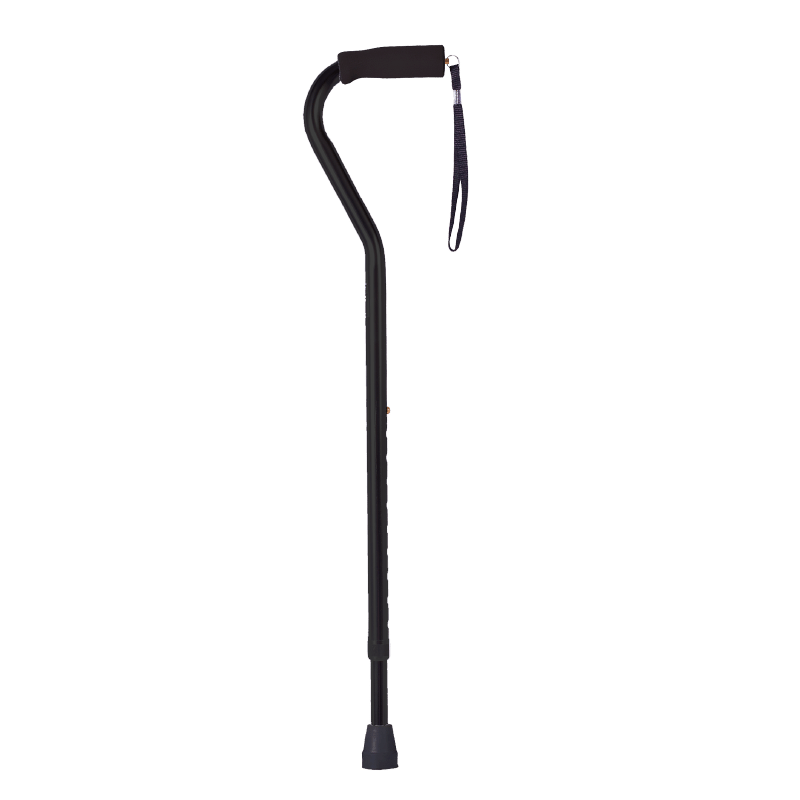 Baston cuello de cisne y correa de seguridad color negro, estructura metálica negra. En el extremo superior empuñadura con correa negra en el centro del extremo lateral superior. En la parte inferior mecanismo ajustable de altura con orificios y pin dorad. Haga clic para ampliar la imagen