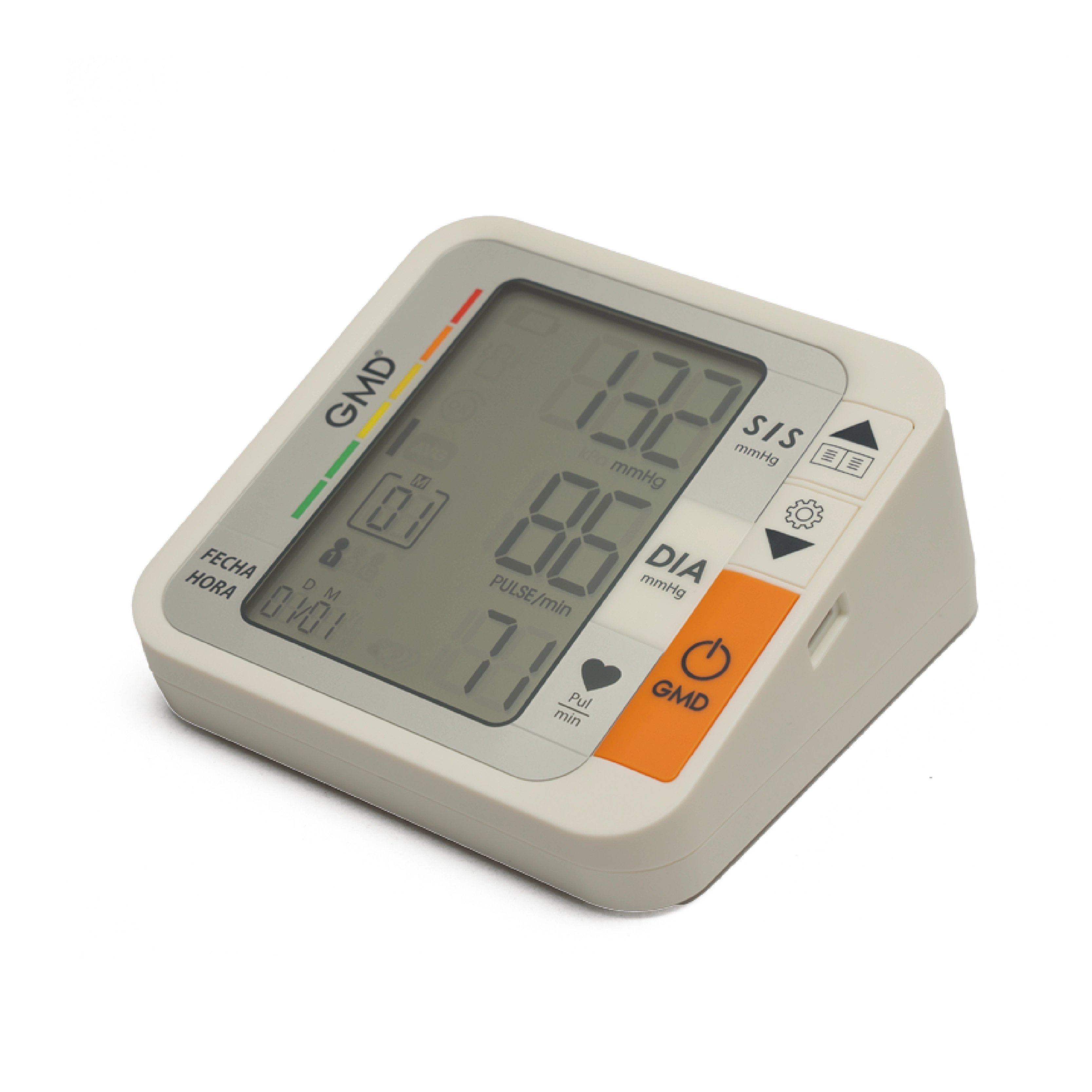 Monitor de presión arterial KARDYO 100, vista lateral derecha, color blanco, dispositivo digital con amplia pantalla LCD de fácil lectura y botones de control laterales de gran tamaño que facilitan su uso; cuenta con puerto de carga. Haga clic para ampliar la imagen
