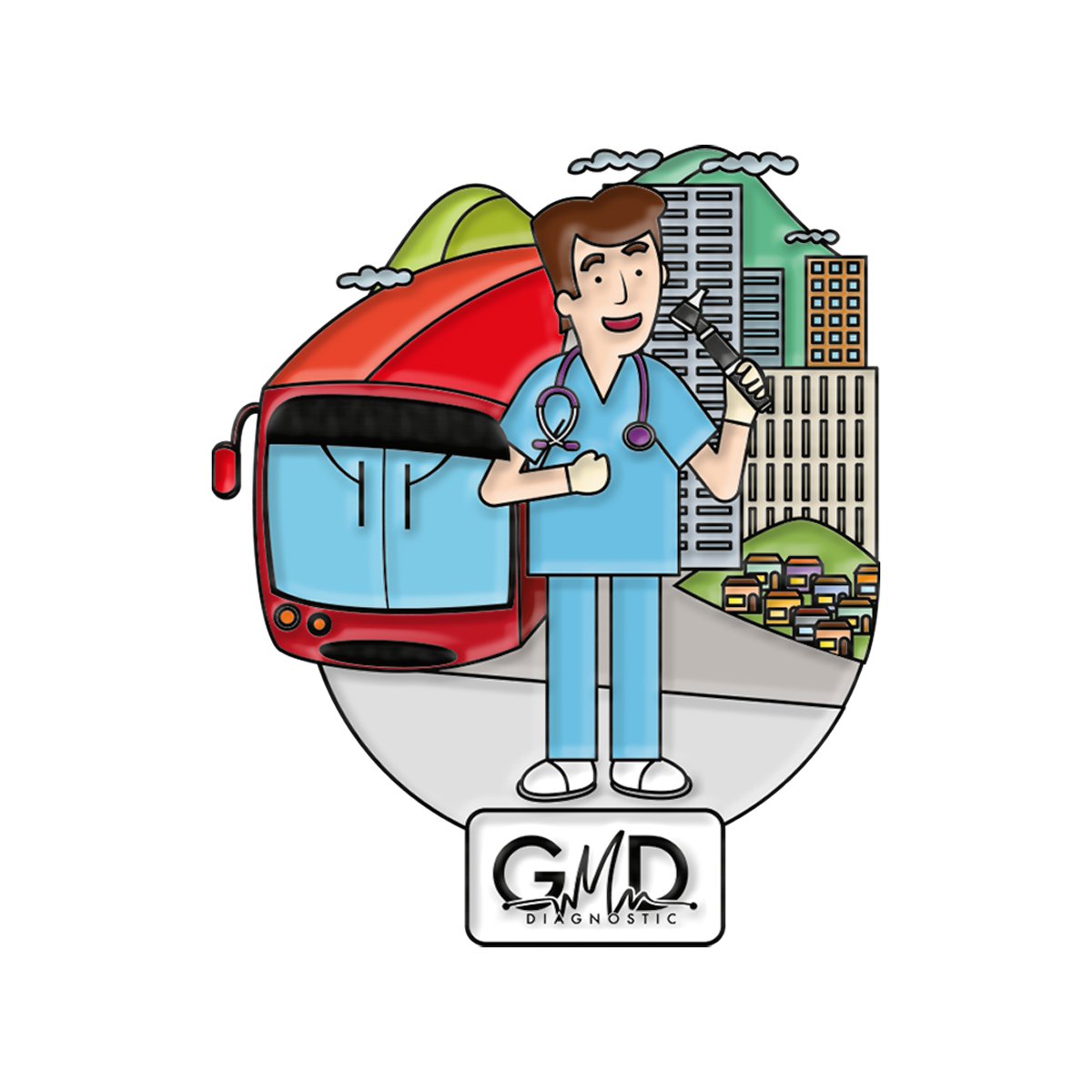 Pin gmd cundinamarca, Personaje médico caricaturesco con uniforme y estetoscopio, sosteniendo una linterna clínica, en un paisaje urbano con edificios, casas, metro y pequeñas montañas al fondo, cielo con nubes, en colores cálidos (gris, verde, rojo, azul. Haga clic para ampliar la imagen