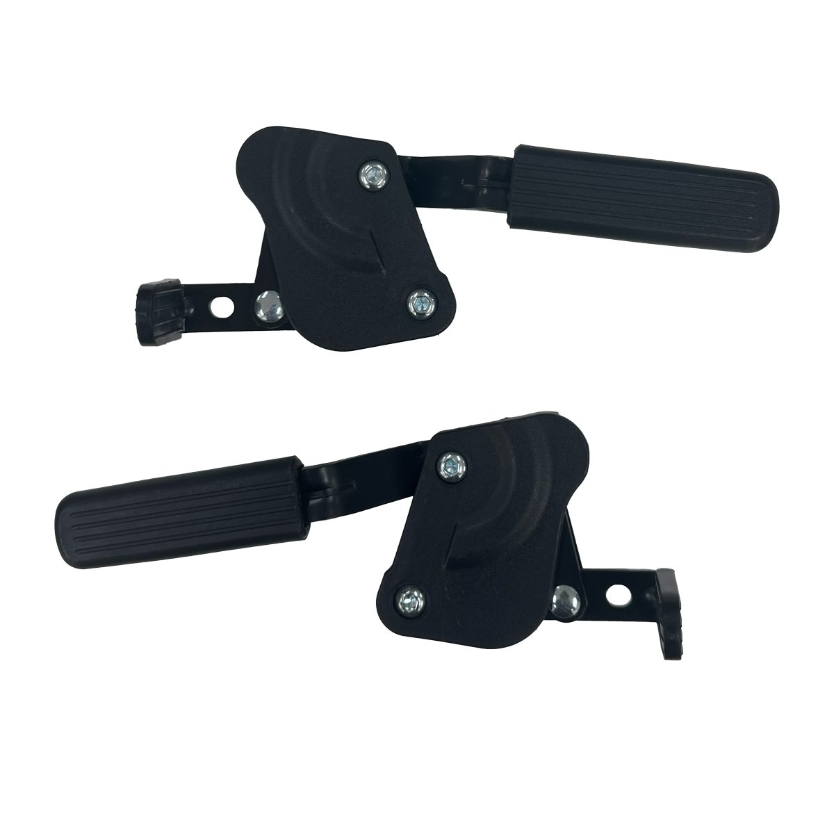 Frenos para KBE1432RF-MP23L, color negro, unidos a pieza metálica mediante tornillos. Con mango ergonómico en el extremo superior y parte inferior rectangular para el bloqueo en la imagen superior y en la inferior en posición contraria.
