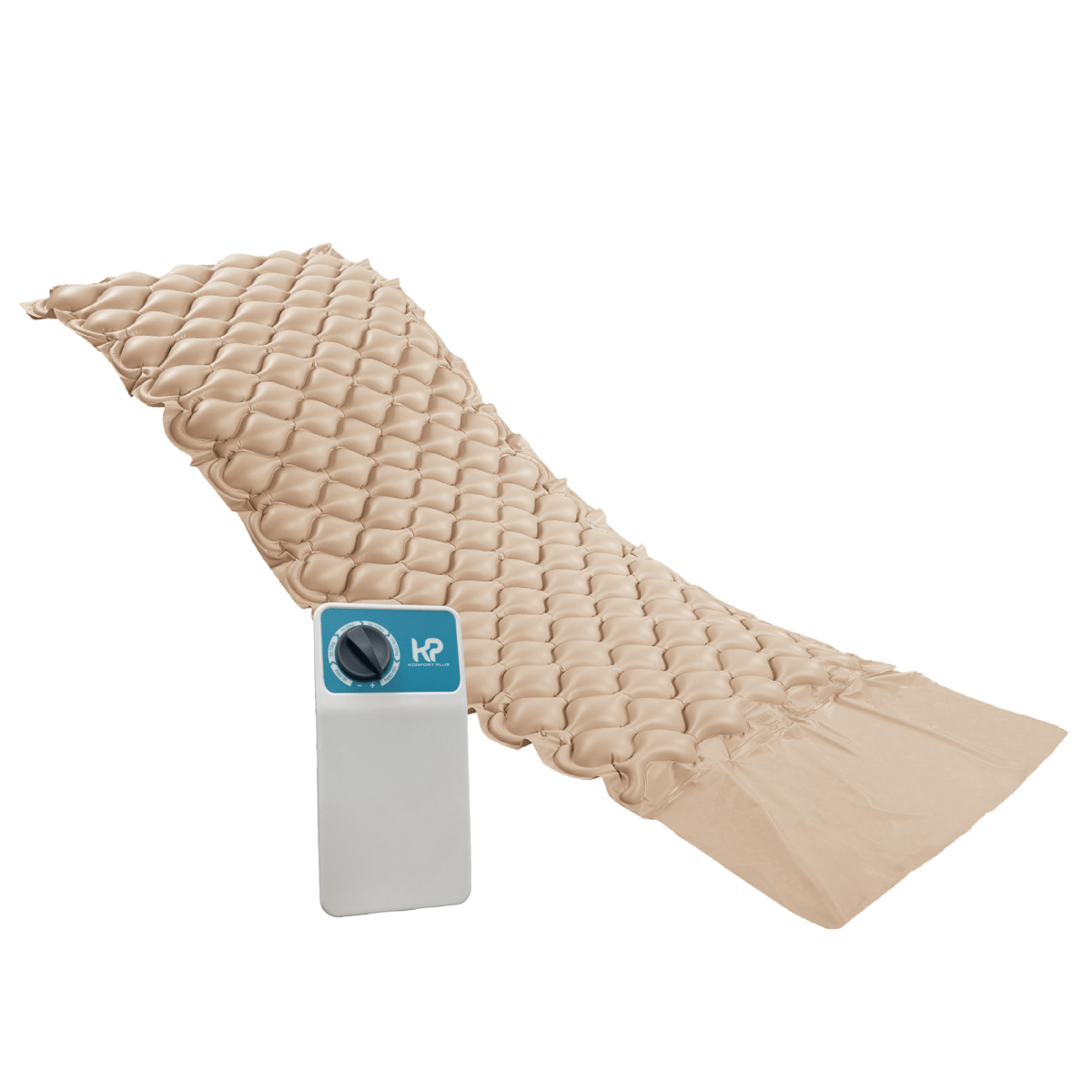 Superficie especial para el manejo de la presión semp i kp color beige, de forma rectangular e inflable, con figuras de rombos organizadas en filas horizontales y extremo inferior liso. Con monitor blanco y en la parte superior azul, logo en el lado derec. Haga clic para ampliar la imagen