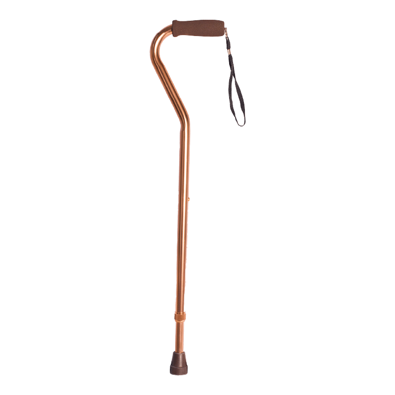 Baston cuello de cisne y correa de seguridad color bronce, estructura metálica. En el extremo superior empuñadura con correa negra en el centro del extremo lateral superior. En la parte inferior mecanismo ajustable de altura con orificios y pin dorado, y . Haga clic para ampliar la imagen