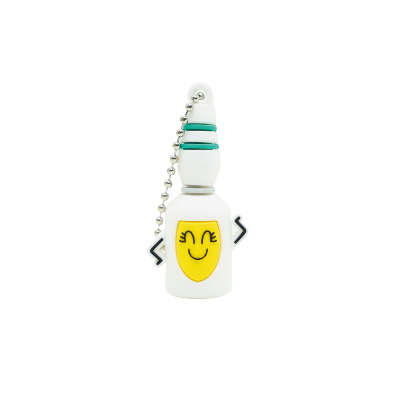 Rompe ampollas motivo ampolleta color blanco, con manos a los lados. En el medio con fondo amarillo y cara sonriente. En la parte superior líneas en color verde y gris. Con cadena tipo llevero de bolas plateada.. Haga clic para ampliar la imagen