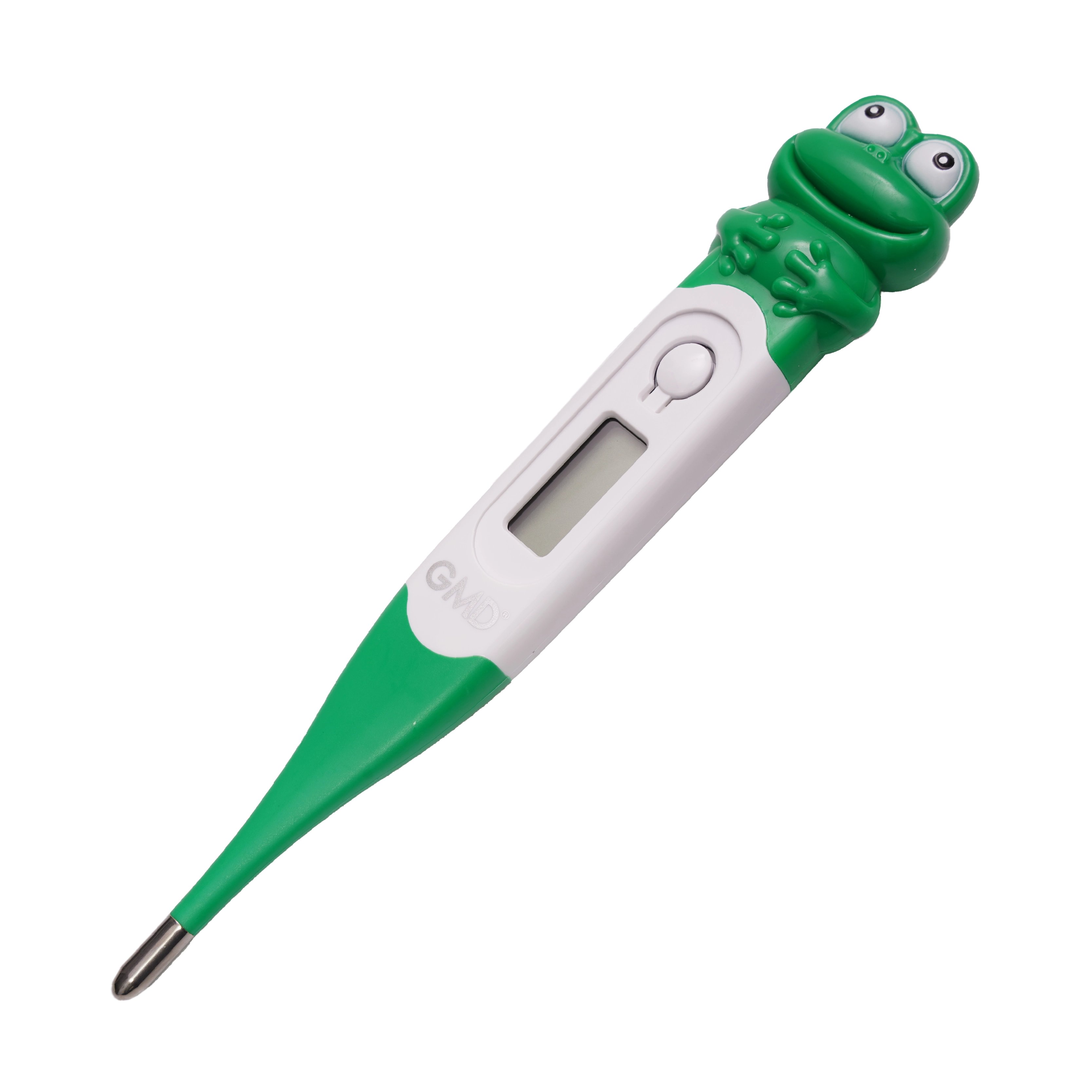 Termómetro digital pediátrico rana, en el medio de color blanco con pantalla apagada. En el extremo superior tiene un diseño de rana de color verde oscuro.. Haga clic para ampliar la imagen