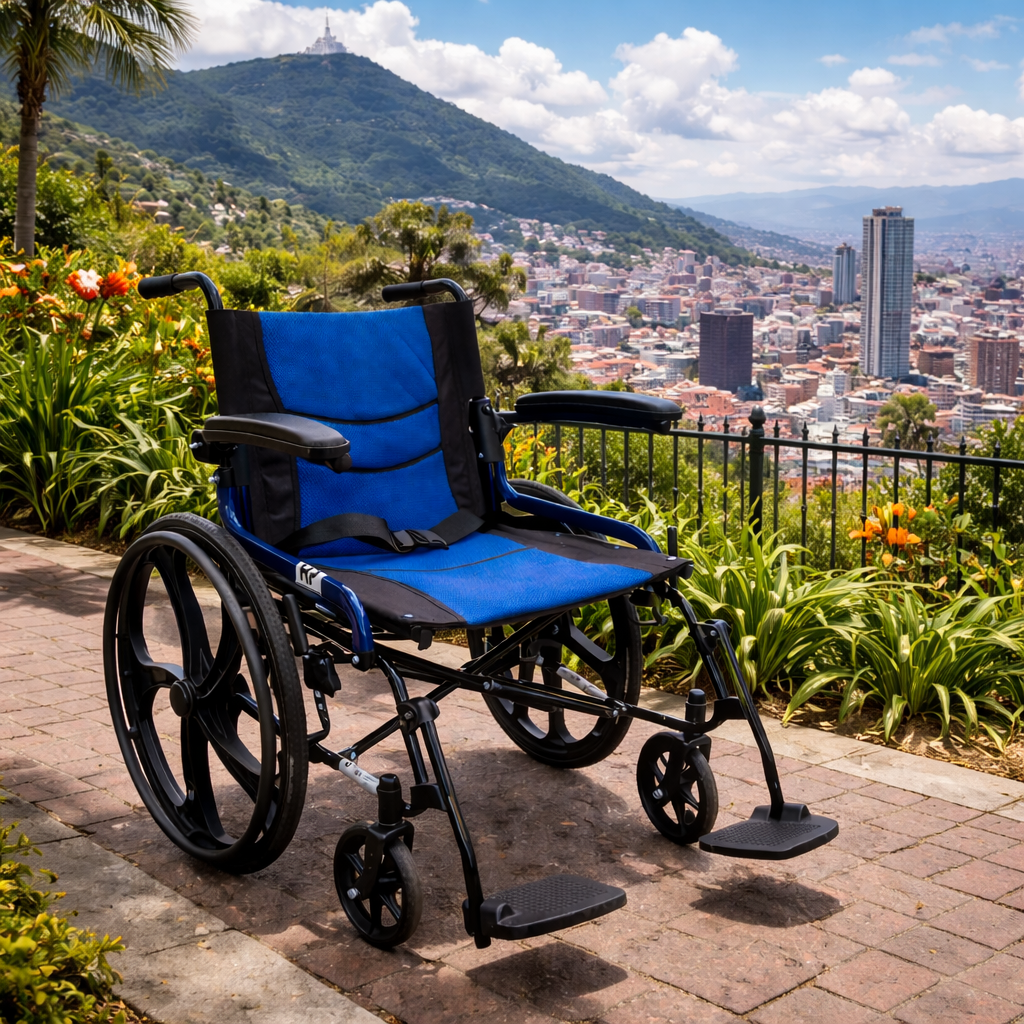 Silla ruedas azul en ciudad. Haga clic para ampliar la imagen